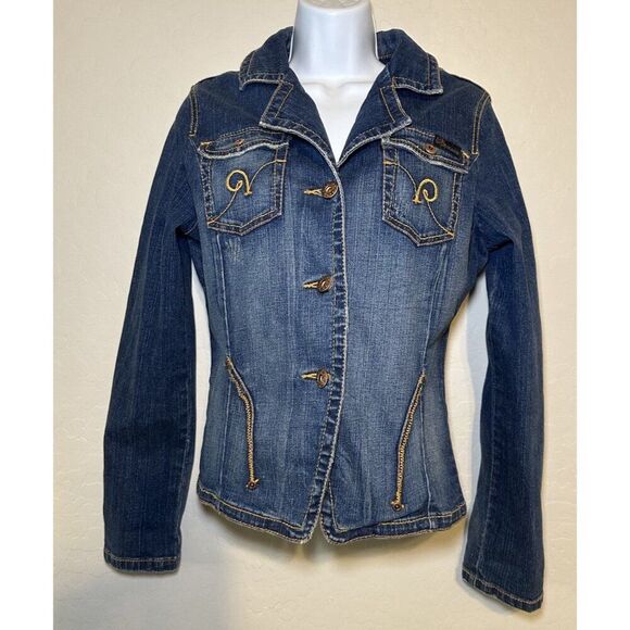 Rocawear Jean Jacket Top Women M Blue Denim Embroidered Fitted Crop Stretch Y2K - Picture 1 of 10